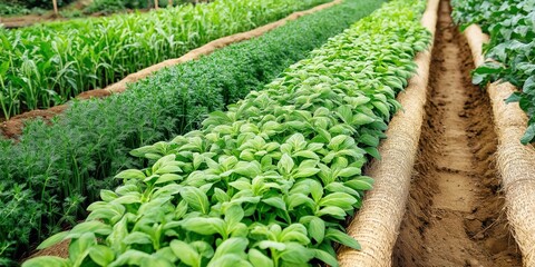 Fototapeta premium A vibrant wide-angle shot of lush green rows of crops growing in a neatly organized field