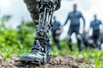 Fototapeta premium person with prosthetic leg walking on dirt path, surrounded by others in natural setting, showcasing advanced technology and determination