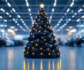 Christmas tree crafted from black car tires, illuminated with lights, creates a festive atmosphere in an auto showroom.