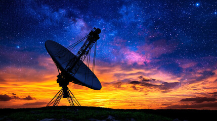 a photostock of a single satellite dish silhouette under a gradient night sky, space exploration 2025