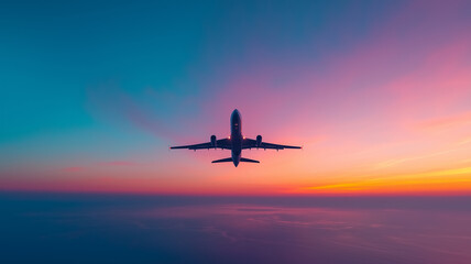sleek airplane soars through vibrant sunset sky, showcasing stunning blend of colors. low angle perspective highlights aircraft silhouette against colorful horizon