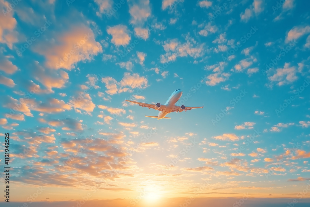 Poster low angle view of airplane soaring through tranquil sky at sunset, surrounded by fluffy clouds and w