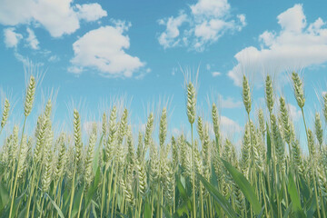 Fototapeta premium Wheat field under a bright blue sky with scattered clouds