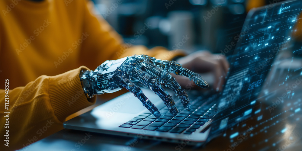 Aufkleber person with prosthetic hand types on laptop, showcasing advanced technology and innovation in assist