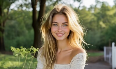 Obraz premium Beauty blonde sensual woman portrait. Beauty portrait of a young cute woman. Gorgeous girl. Beautiful portrait of blonde model.