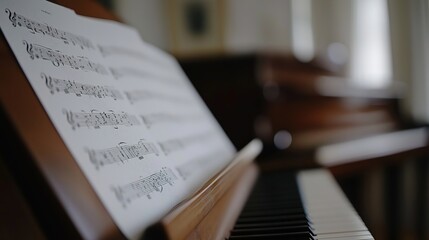 Classical music sheet notes elegantly displayed on a wooden stand, embodying the timeless beauty...