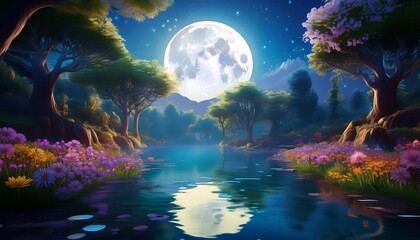 Harmony Under the Stars: Moon, Trees, and Water