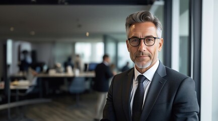 Fototapeta premium Confident mature business man in office. Senior businessman coach, leader looking at camera. Middle aged business man in suit standing in office. Businessman boss director.