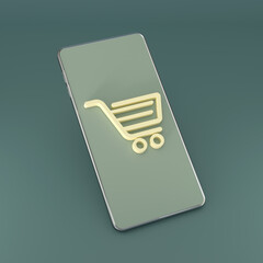 Smartphone Displaying Shopping Cart Icon on Green Background