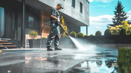 Professional contractor cleaning concrete patio using powerful pressure washer