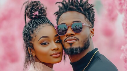 Obraz premium A joyful African American couple smiles brightly as they take a selfie outdoors. The woman kisses the man on the cheek, capturing a perfect spring day filled with love and happiness