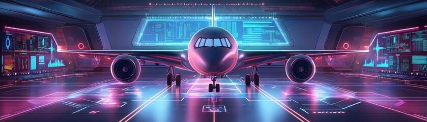 Fototapeta premium Futuristic airplane in a high-tech environment with neon lights and digital displays.