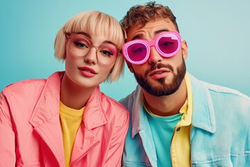 Stylish Young Couple Wearing Trendy Fashion with Bold Accessories in Vibrant Colors Against a Light Blue Background