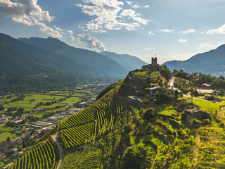 Aerial view of landscape of Valtellina with his vineyards, Grumello, Lombardy. 