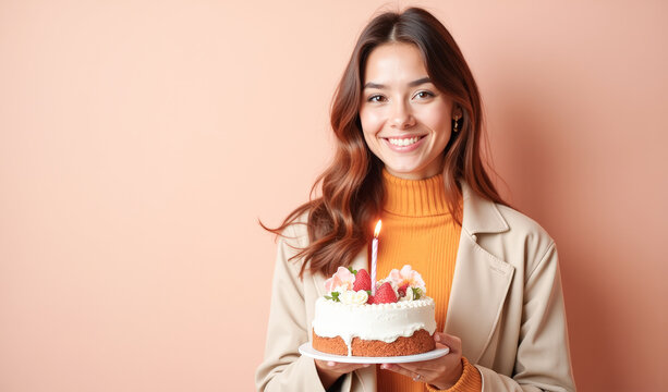happy woman is holding a beautiful birthday cake on a colored background