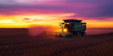 Fototapeta premium A cinematic shot of a combine harvester illuminated by its headlights as it works through a vast field
