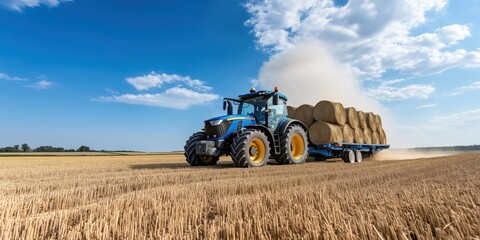 Fototapeta premium A wide shot of a rustic blue tractor pulling a trailer stacked with round hay bales