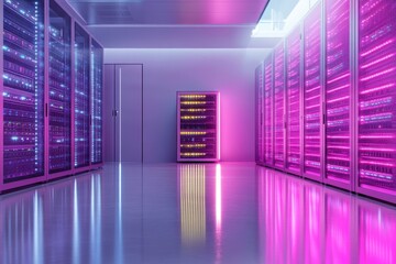Futuristic Server Room with Vibrant Purple Lighting and Modern Technology in a Sleek Data Center Environment