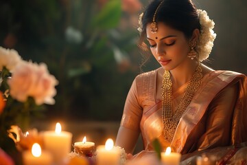 Elegant Woman with Flowers and Candlelight