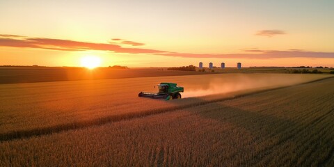 An aerial shot of a combine harvester working through a golden cornfield at sunset