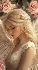 Angel with Blonde Hair and Feathered Wings in Enchanted Garden