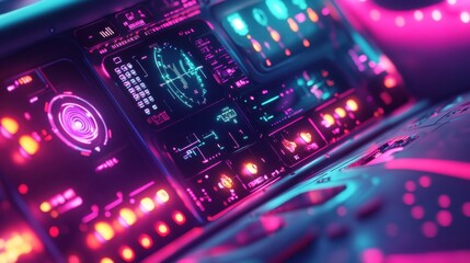 Futuristic control panel with vibrant lights and detailed digital displays.