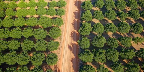 An aerial view of a meticulously organized mango orchard