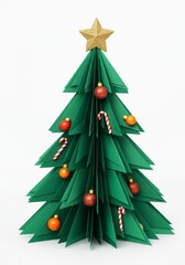 Fototapeta premium A Christmas tree made of green paper, decorated with red and orange ornaments, candy canes, and a gold star on top, set against a white background.