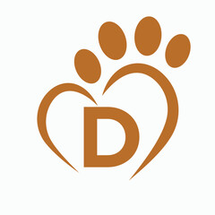 Letter D Pet Logo Design Concept With Paw and Heart Symbol Vector