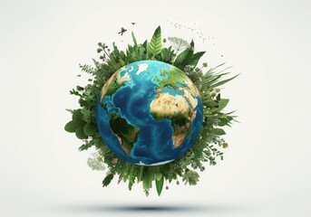 Fototapeta premium A digital illustration of a globe surrounded by plants and flowers, with continents and oceans visible, set against a plain white background.