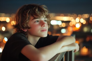 Fototapeta premium Thoughtful Boy Gazing at City Lights from a High Balcony at Nighttime with a Dreamy Expression and Soft Glow in the Background