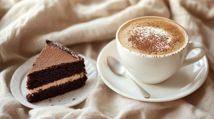 A cappuccino with cocoa powder and chocolate cake on an elegant plate, paired with a soft linen napkin and golden lighting, creating a cozy, inviting atmosphere.