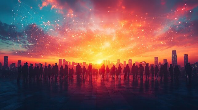 A group of people is connected by internet circles and lines, symbolizing online community