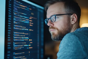 Focused Programmer Working Late at Night in a Modern Workspace Analyzing Code on a Computer Screen with Colorful Syntax Highlighting