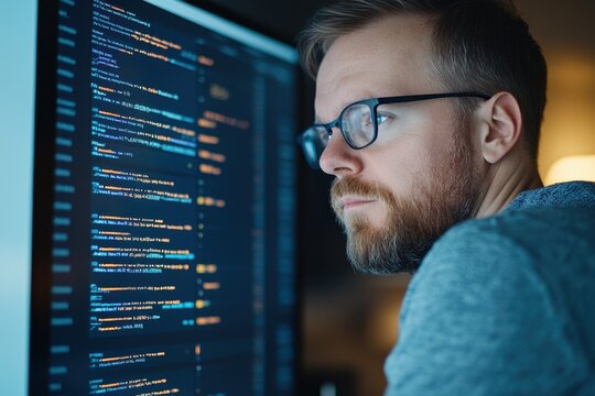 Focused Programmer Working Late at Night in a Modern Workspace Analyzing Code on a Computer Screen with Colorful Syntax Highlighting