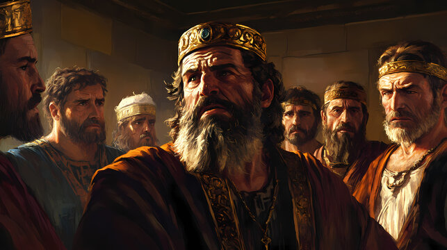An image of zedekiah surrounded by his counselors all with troubled faces as jeremiah s prophecy of rejection echoes in the room. Echoes. Illustration