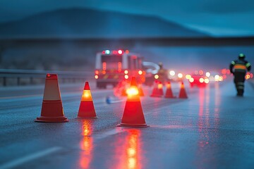 Emergency Response Scene with Traffic Cones on Wet Roadway During Rainy Evening, Emergency Vehicles and Personnel in the Background