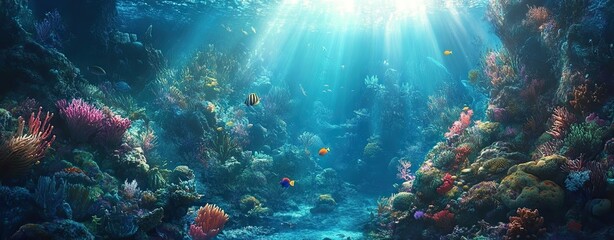 Obraz premium A beautiful underwater coral reef with colorful fish and sea creatures, sun rays shining