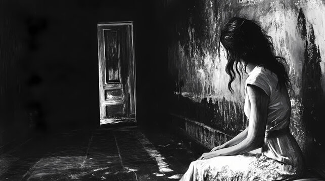 Capture the silent scream of an empty room, where the walls echo with the stories of past sadness. Echoes. Illustration