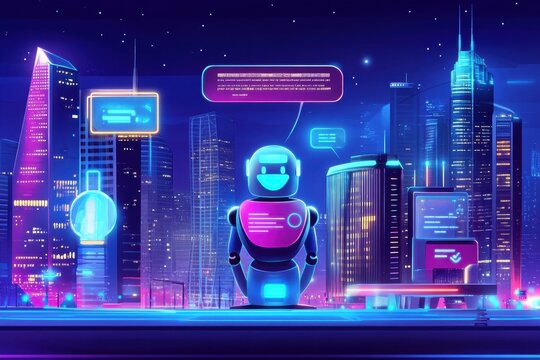 A Colorful Futuristic Cityscape with a Friendly Robot Surrounded by Floating Digital Interfaces and Text Bubbles in a Night Scene