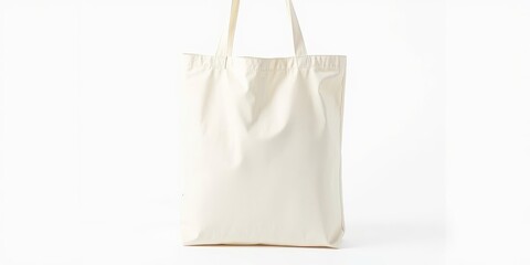 A close-up shot of a blank canvas tote bag mockup against a white background, blank, reusable, shopping
