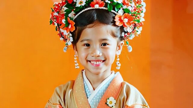 Young girl smiles sweetly while celebrating shichi go san at a local shrine. She is dressed in a vibrant red kimono with her hair done up in a traditional style.