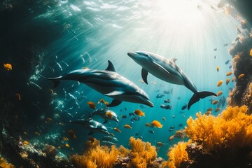 Two dolphins explore a colorful underwater world filled with life