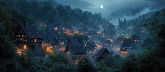 Fototapeta premium Enchanting night scene of a mystical village nestled in a misty forest under a full moon.
