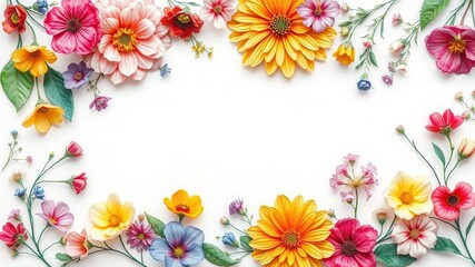 Obraz premium Beautiful watercolor illustration of colorful flowers with delicate petals and vibrant leaves on a white background, delicate, artistic