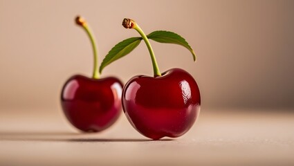 Two Ripe Cherries Resting On A Neutral Background