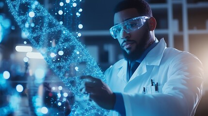 A scientist analyzing a holographic model of DNA in a high-tech lab