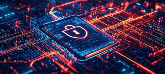 Digital Security Concept with Lock Icon and Data Streams for Network Interface Protection