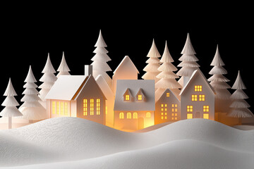 Fototapeta premium Serene paper art scene depicting snow covered Christmas village with illuminated houses and pine trees, creating warm and festive atmosphere