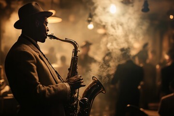Saxophonist performs in a smoky jazz club at night. Generative AI